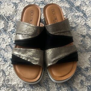 Boutique Black & Gold Slide Mules with Snake-Print Straps